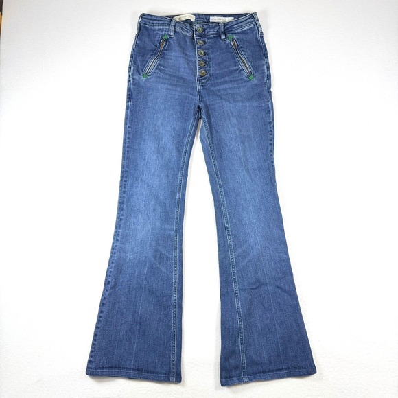 Pilcro and the Letterpress Denim - Anthropologie Pilcro High Rise Trouser Bootcut Jeans Blue‎ Button Fly Size 28
